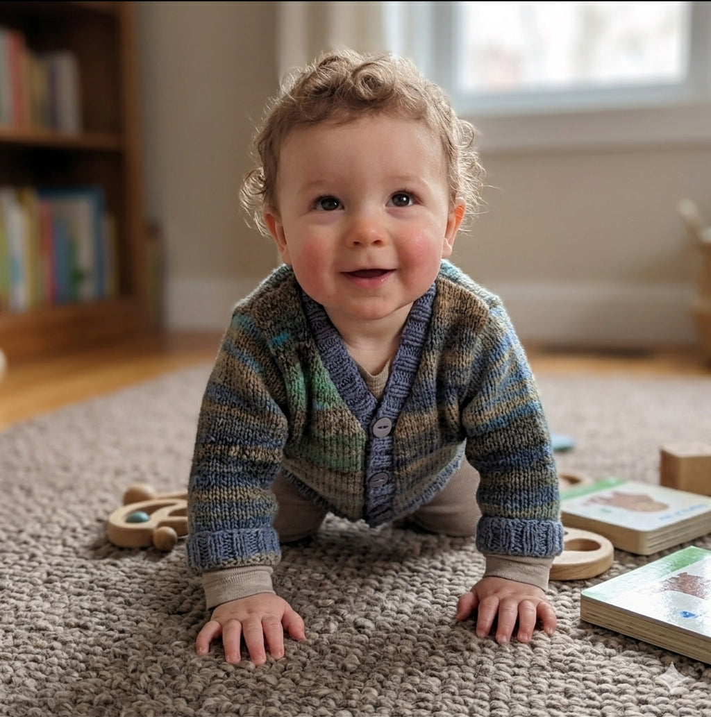 Handmade knitted baby boy cardigan, 6-12 months, green grey and blue