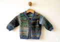 Handmade knitted baby boy cardigan, 6-12 months, green grey and blue