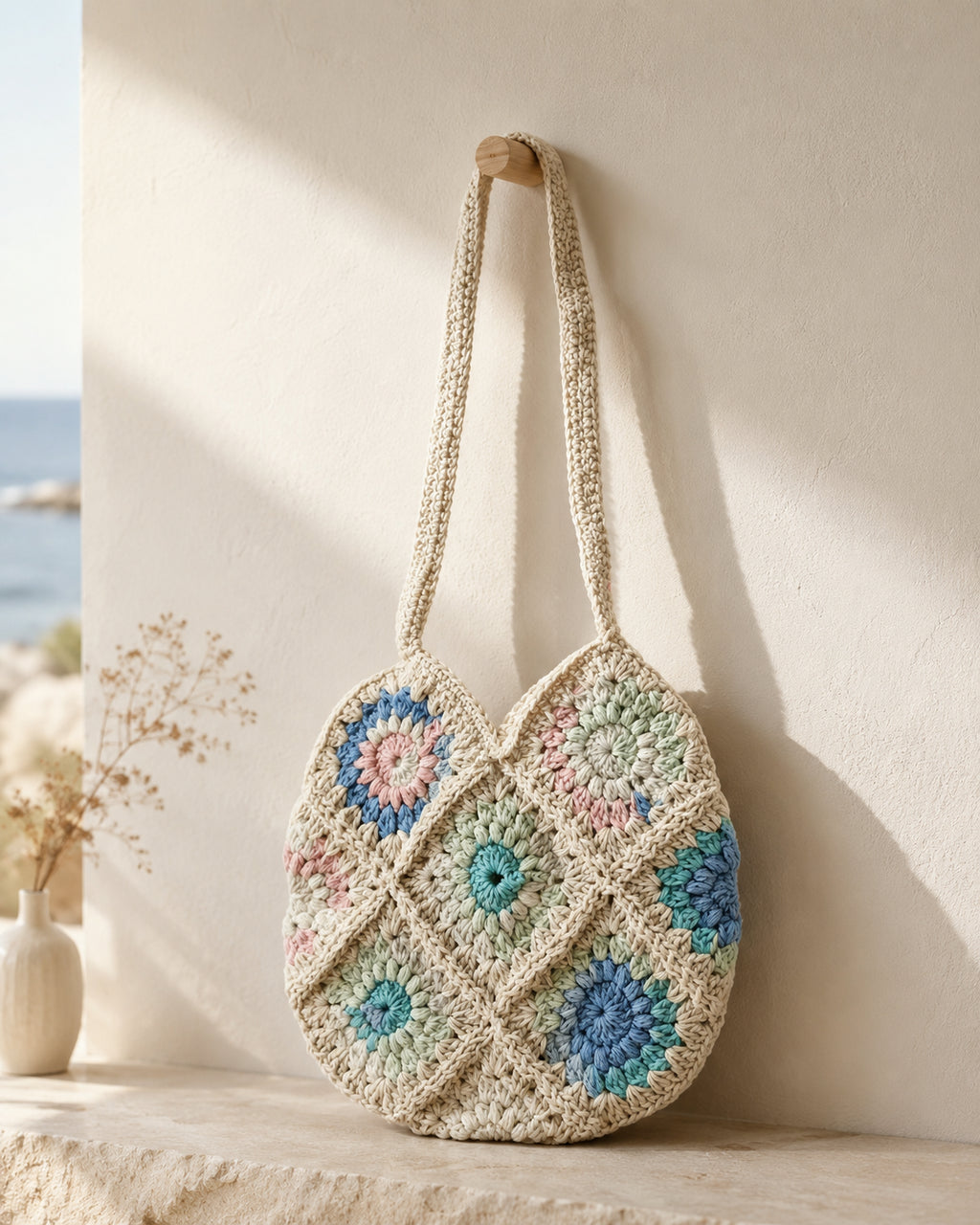 The Sunburst Market Tote:  Pastel Crochet Cotton Shoulder Bag