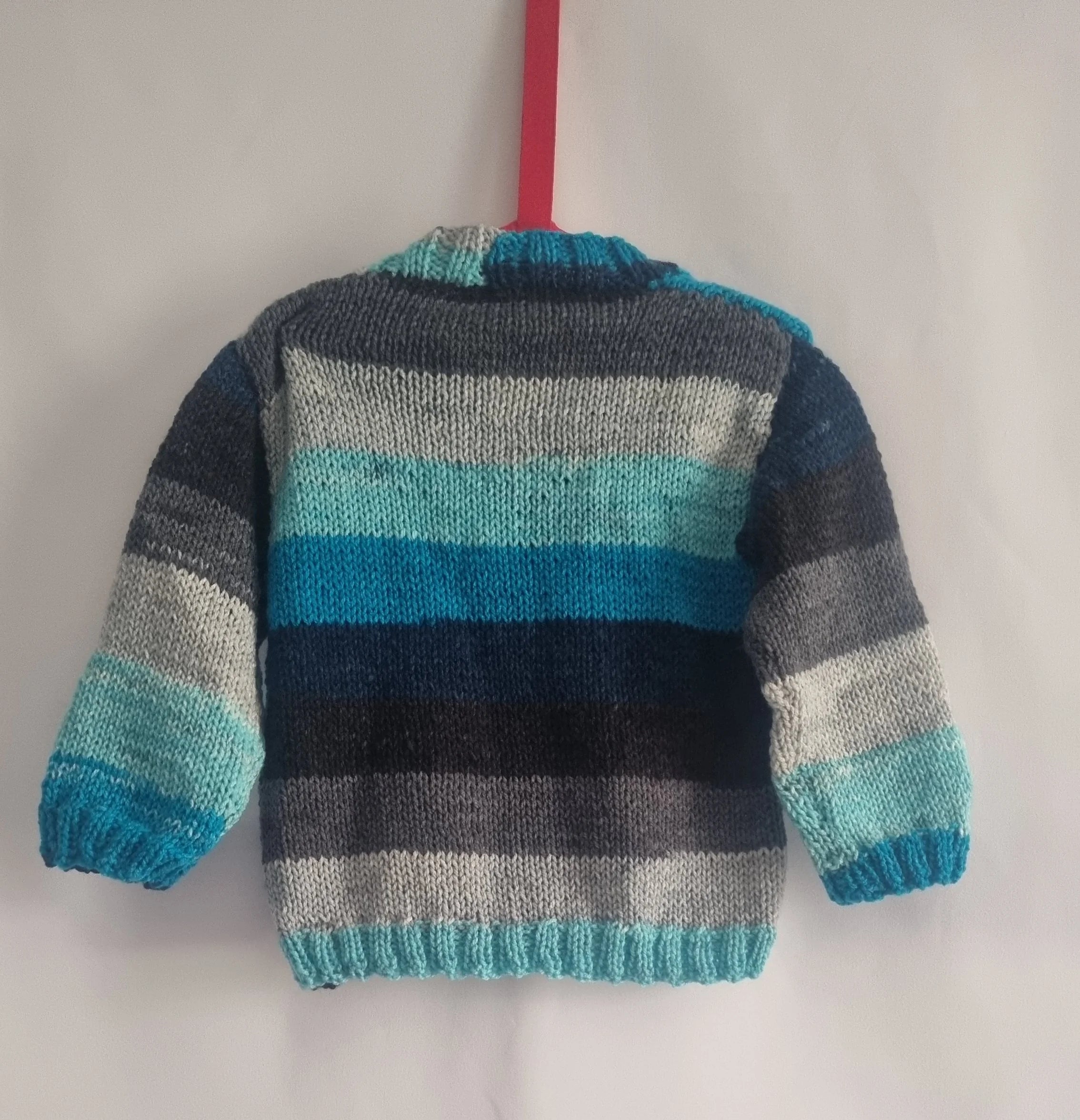 12 to 18 months hand knitted baby boy cardigan, blue stripes