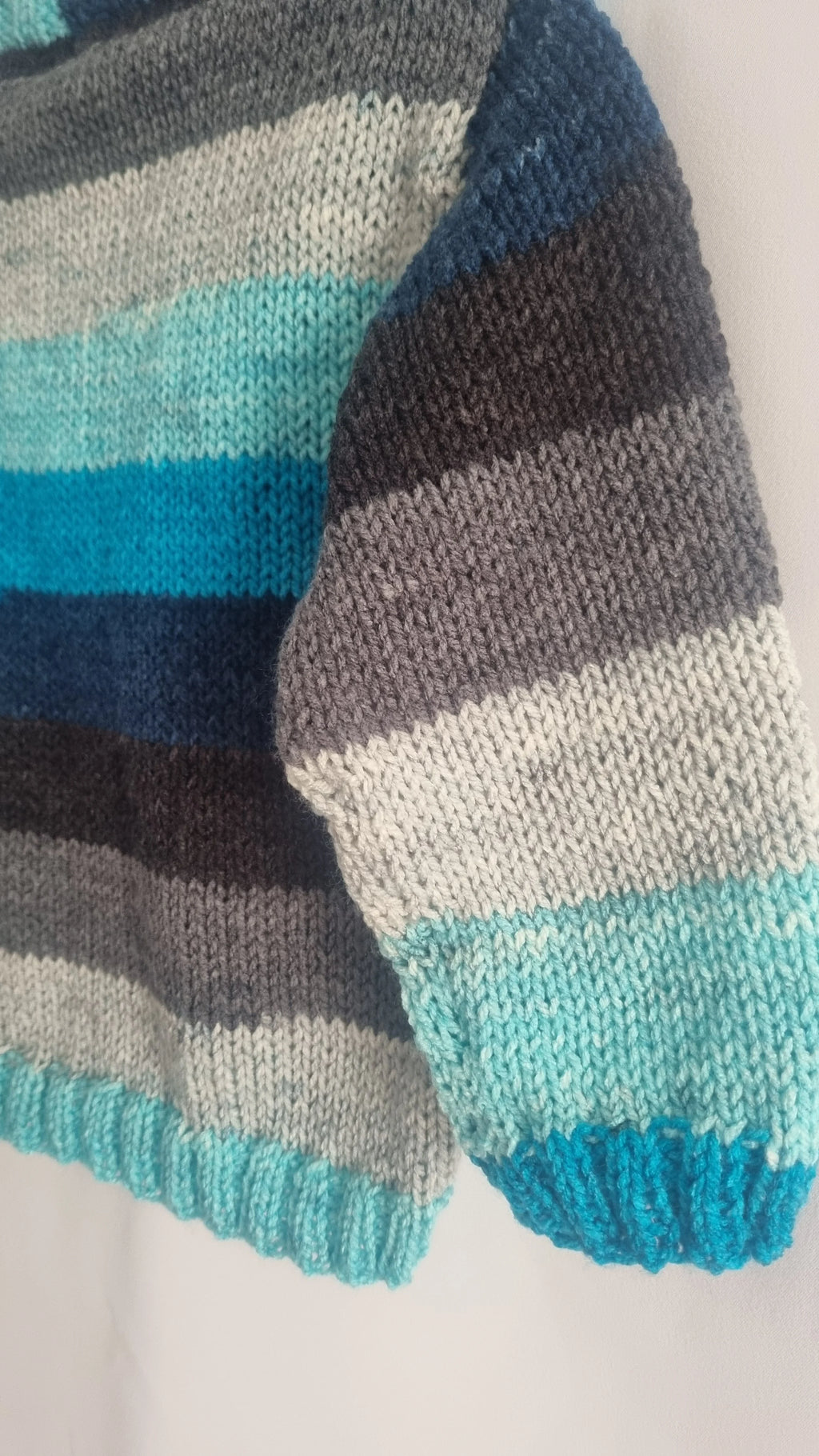 12 to 18 months hand knitted baby boy cardigan, blue stripes