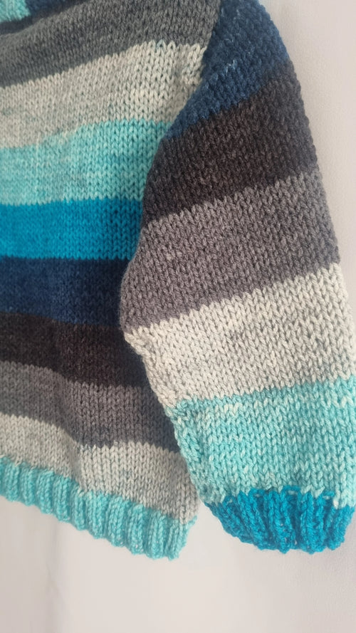 12 to 18 months hand knitted baby boy cardigan, blue stripes