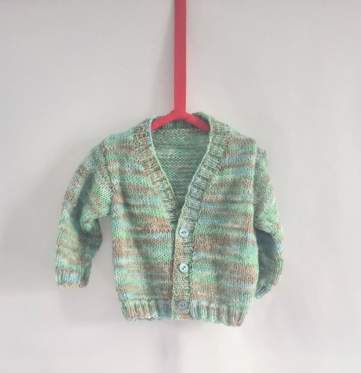 6m to 12m hand knitted baby boy cardigan, striped beige and green