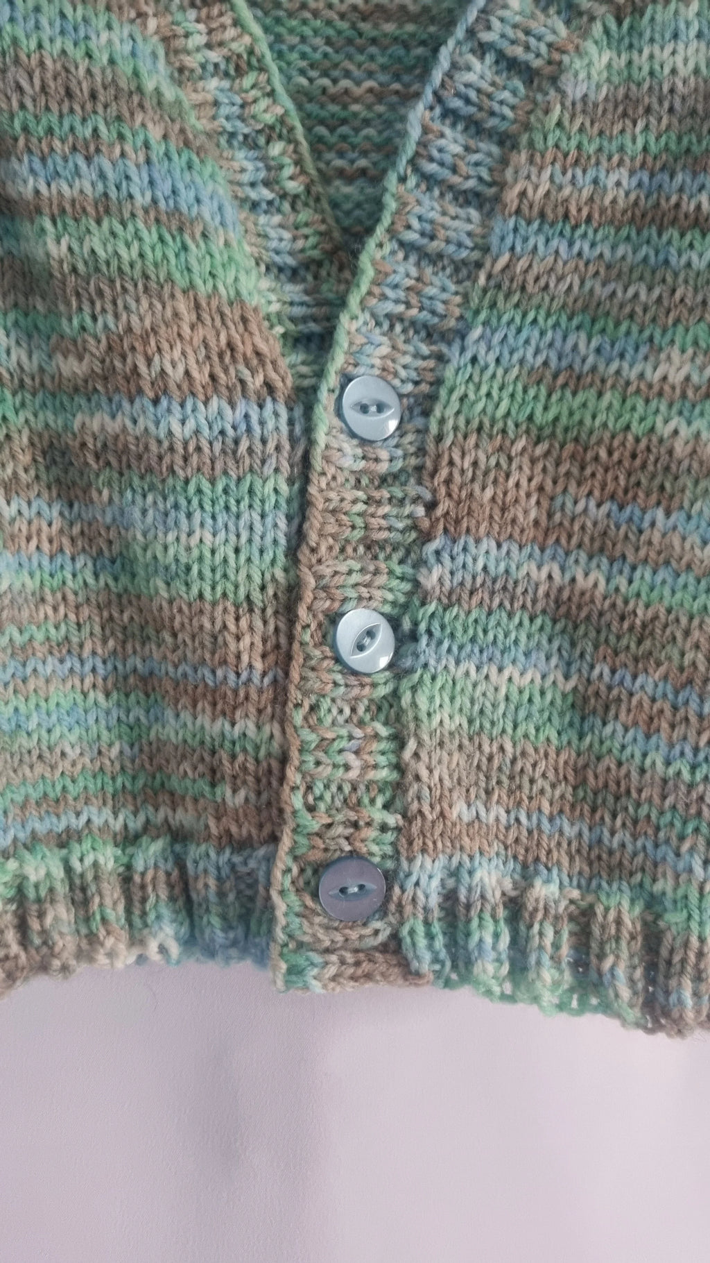 6m to 12m hand knitted baby boy cardigan, striped beige and green