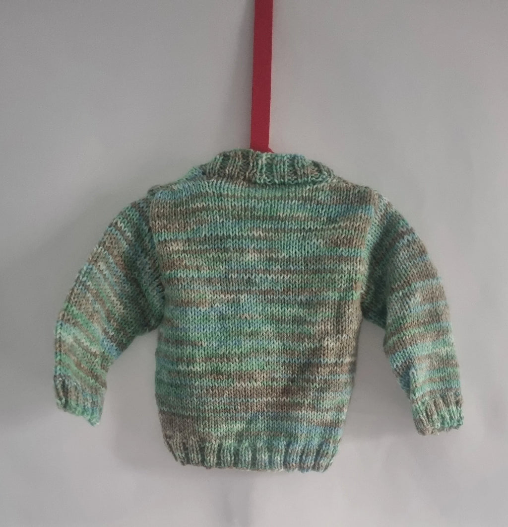 6m to 12m hand knitted baby boy cardigan, striped beige and green