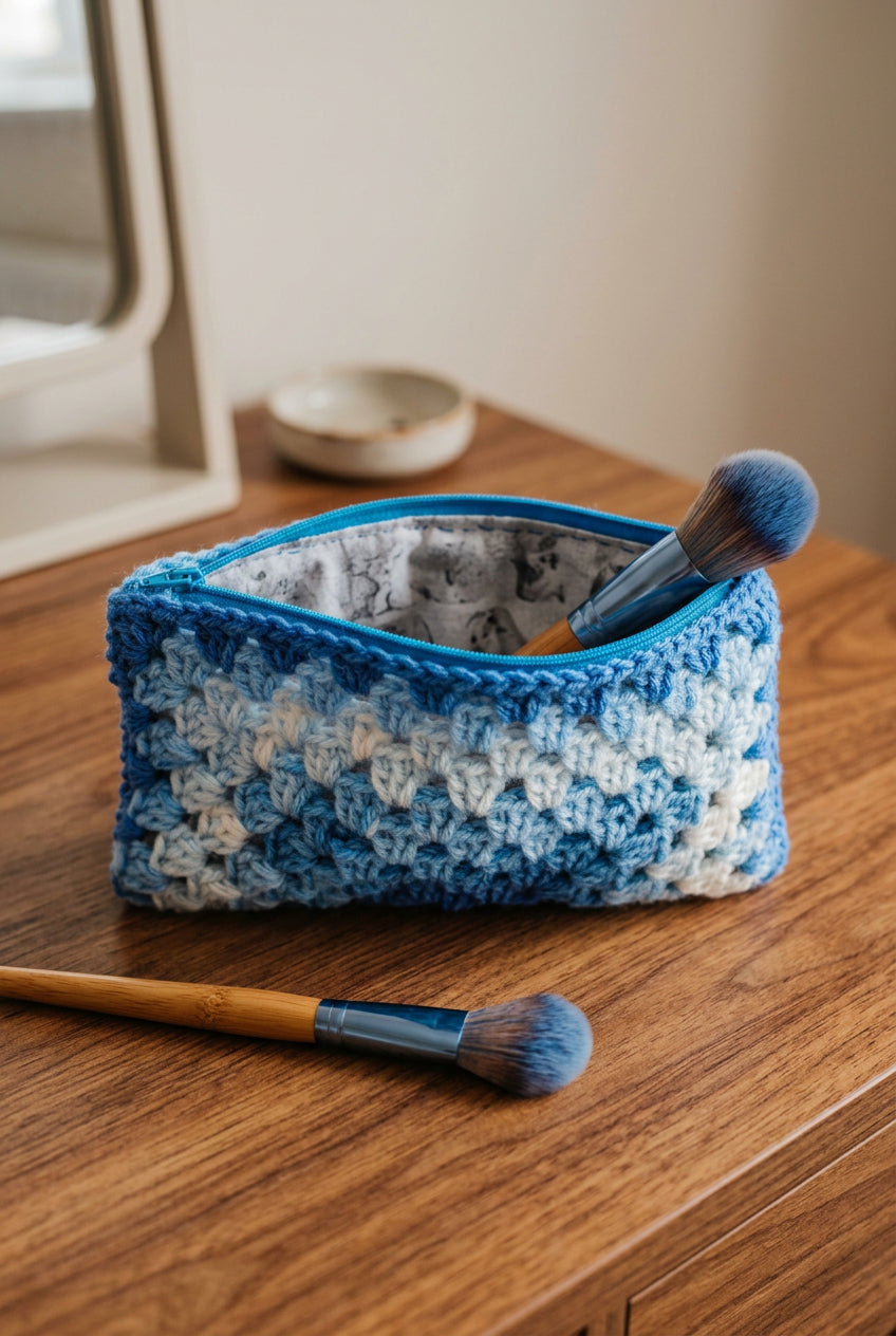Handmade Crochet Make Up Bag or Pencil Case, Fully Lined Zip Pouch in Shades of Blue, Letterbox Gift