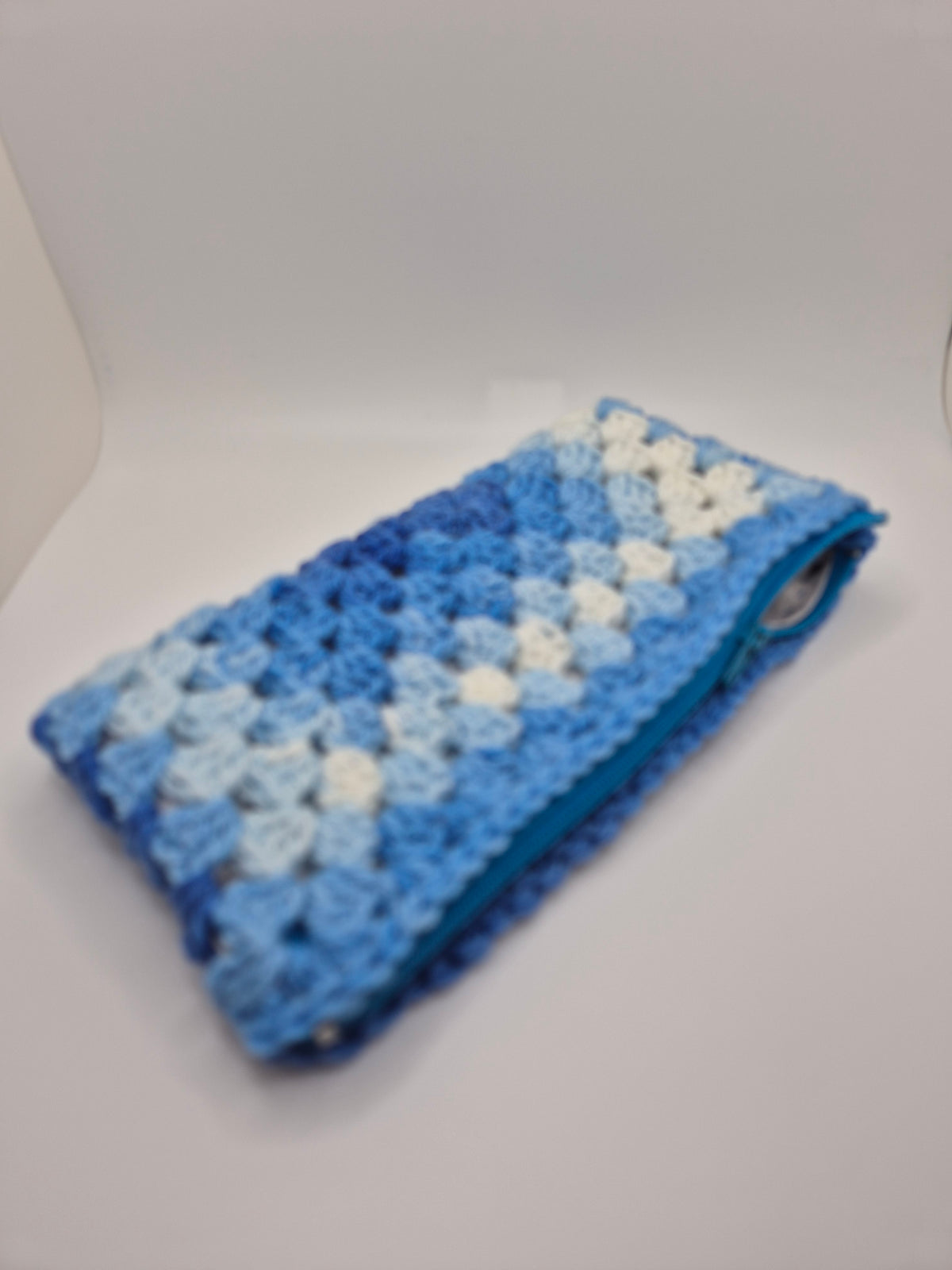 Handmade Crochet Make Up Bag or Pencil Case, Fully Lined Zip Pouch in Shades of Blue, Letterbox Gift