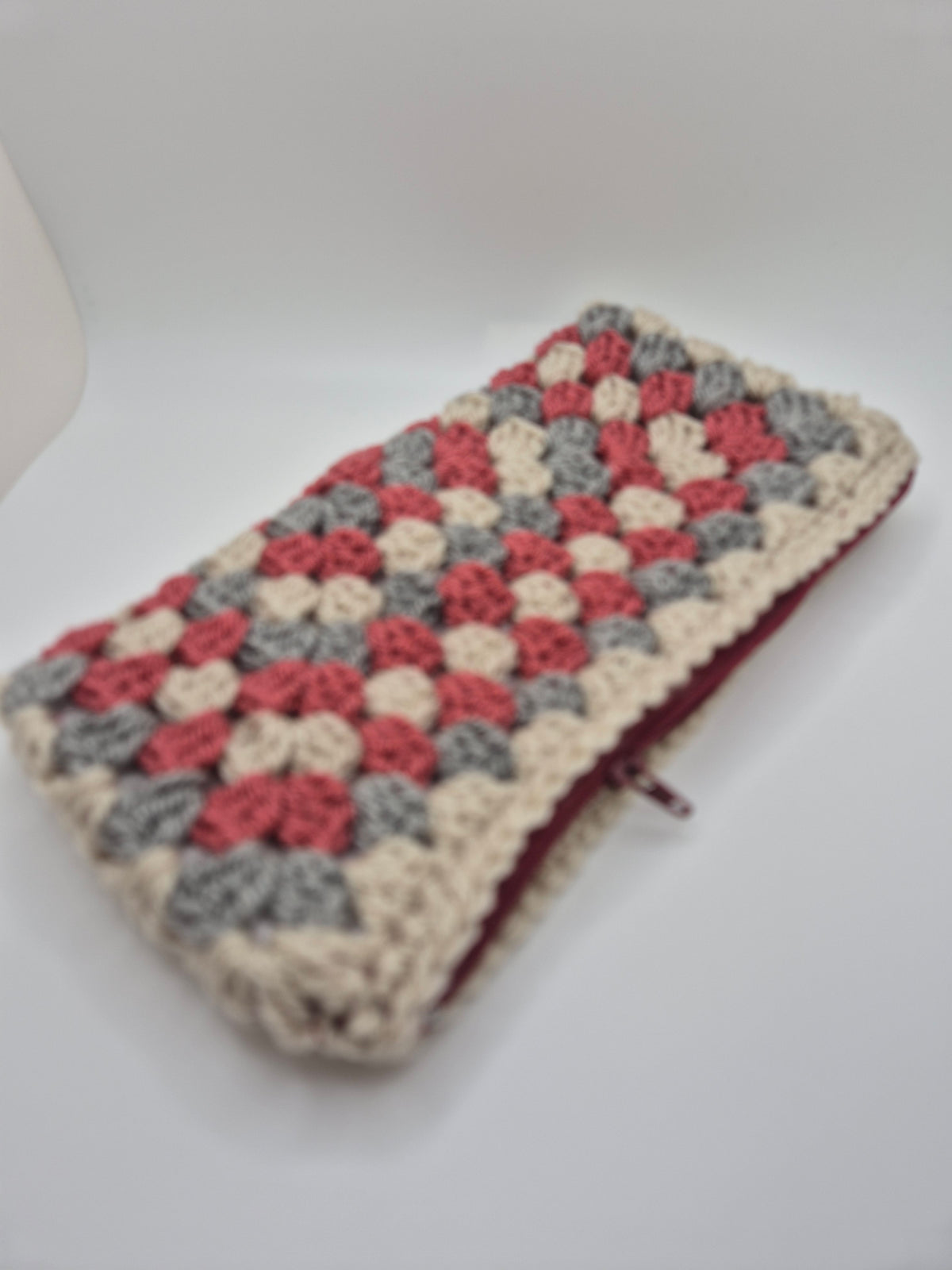 Handmade Granny Square Crochet Purse, Fully Lined Zip Pouch in Rose, Grey & Cream