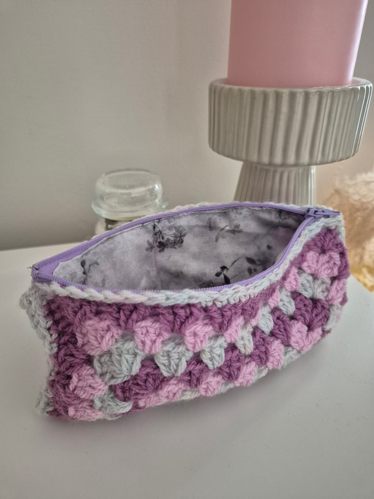 Handmade Granny Square Crochet Make Up Bag or Pencil Case, Fully Lined Zip Pouch in Lilac & Purple, Letterbox Gift