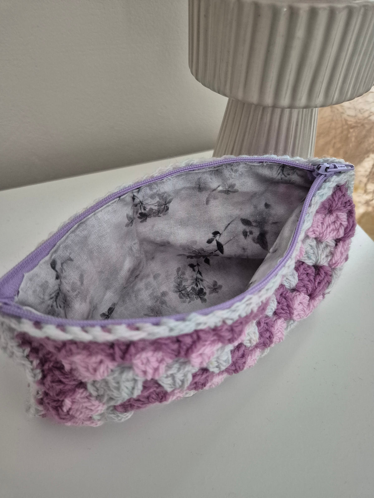 Handmade Granny Square Crochet Make Up Bag or Pencil Case, Fully Lined Zip Pouch in Lilac & Purple, Letterbox Gift