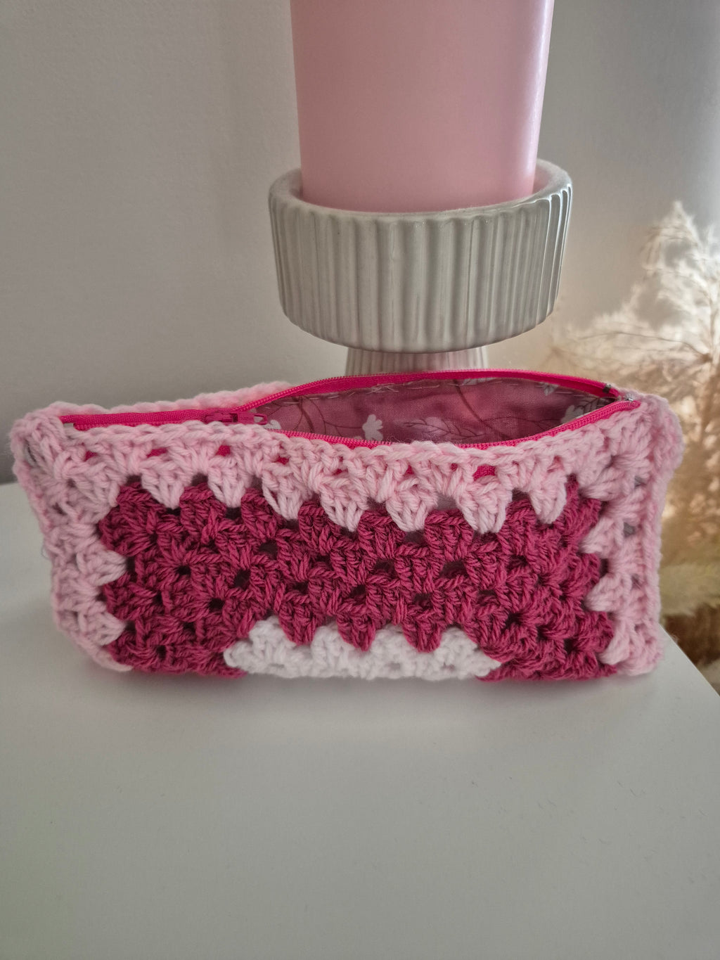 Handmade Granny Square Crochet Make Up Bag or Pencil Case, Fully Lined Zip Pouch in Shades of Pink, Letterbox Gift