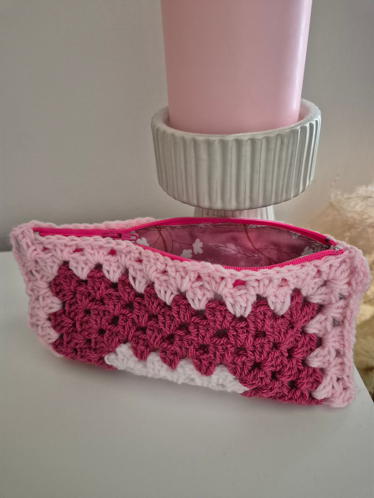 Handmade Granny Square Crochet Make Up Bag or Pencil Case, Fully Lined Zip Pouch in Shades of Pink, Letterbox Gift