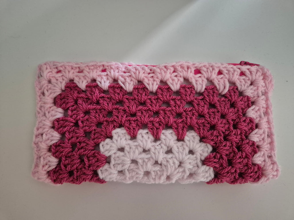 Handmade Granny Square Crochet Make Up Bag or Pencil Case, Fully Lined Zip Pouch in Shades of Pink, Letterbox Gift