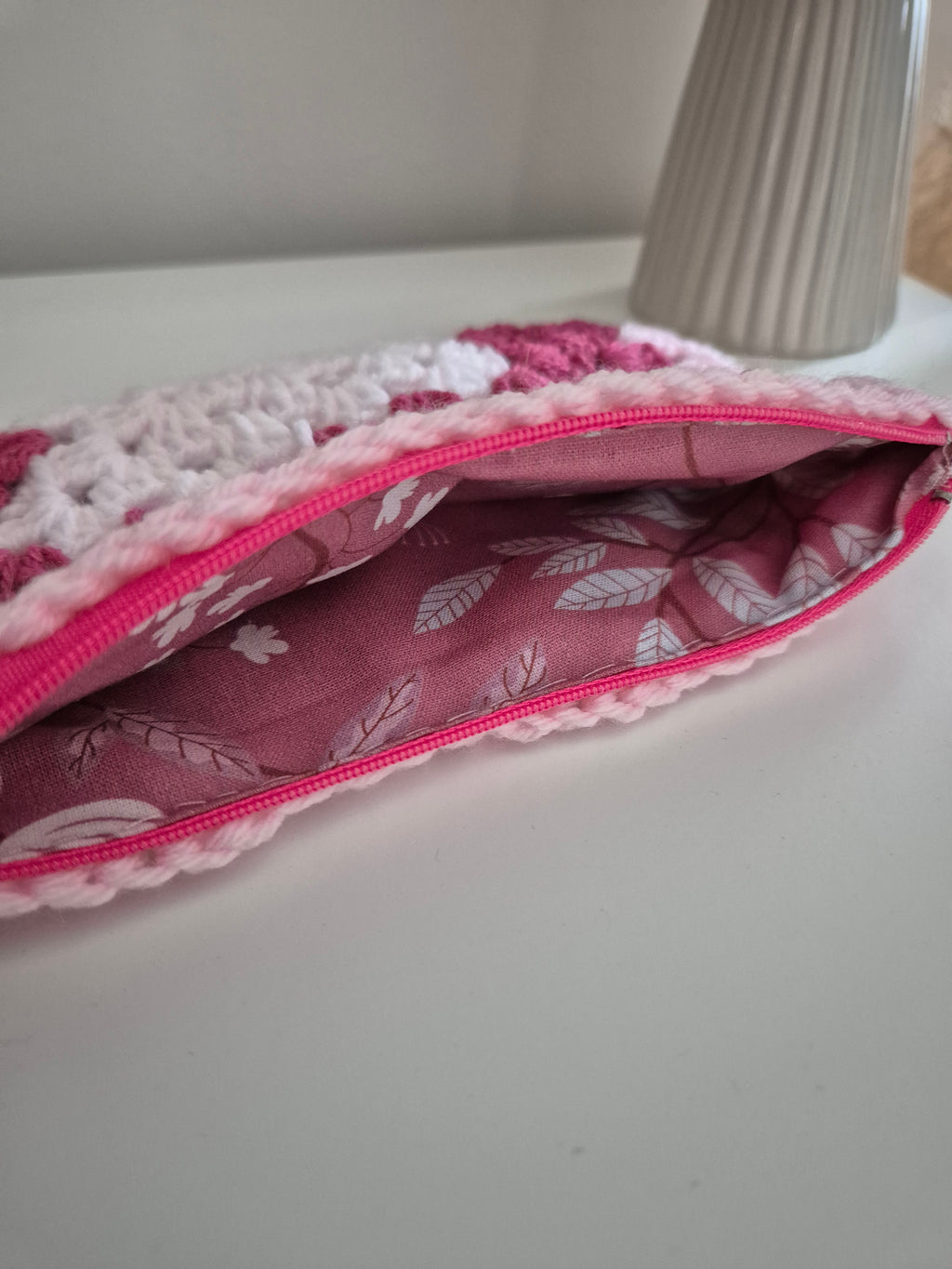 Handmade Granny Square Crochet Make Up Bag or Pencil Case, Fully Lined Zip Pouch in Shades of Pink, Letterbox Gift
