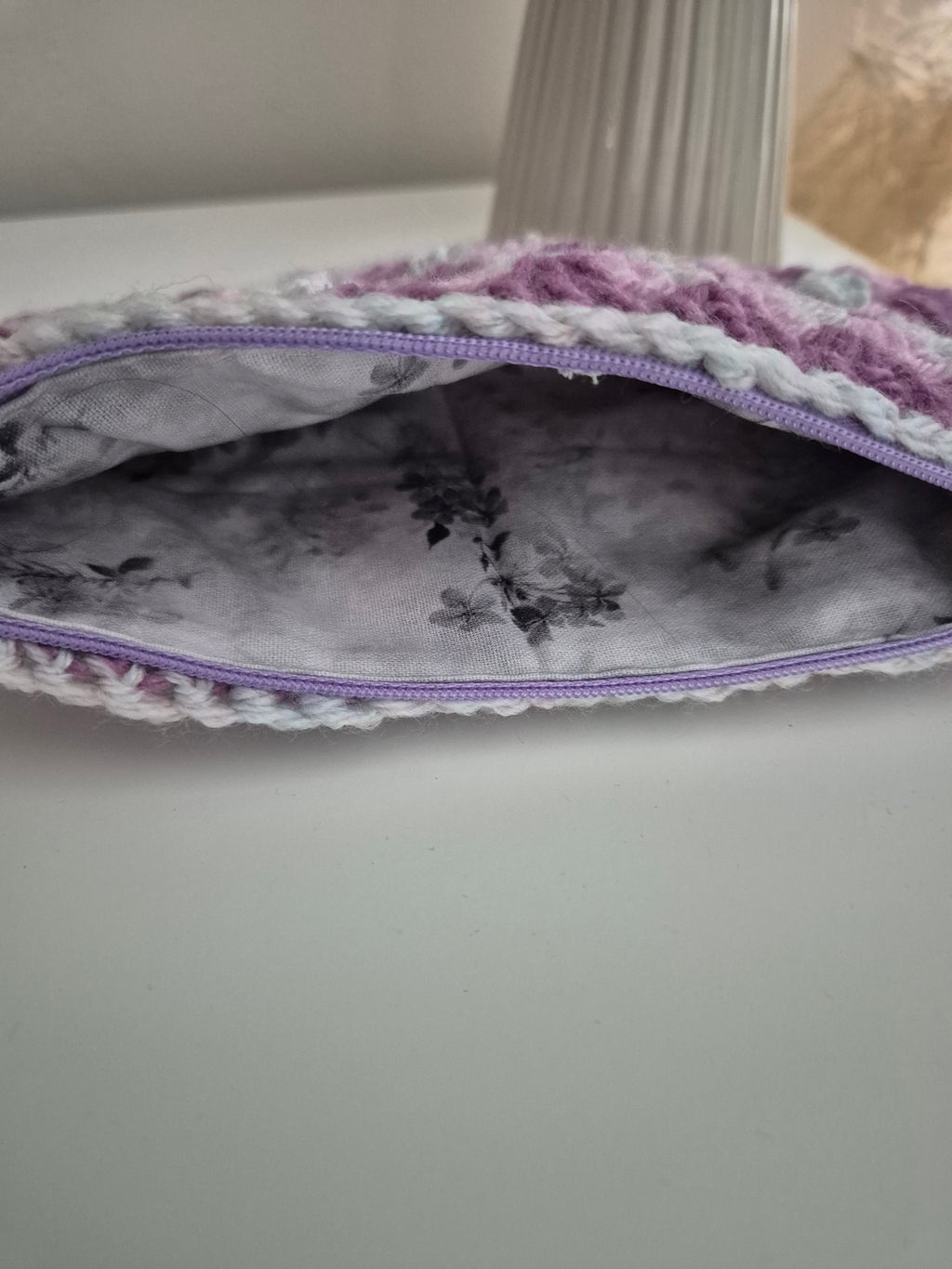 Handmade Granny Square Crochet Make Up Bag or Pencil Case, Fully Lined Zip Pouch in Lilac & Purple, Letterbox Gift