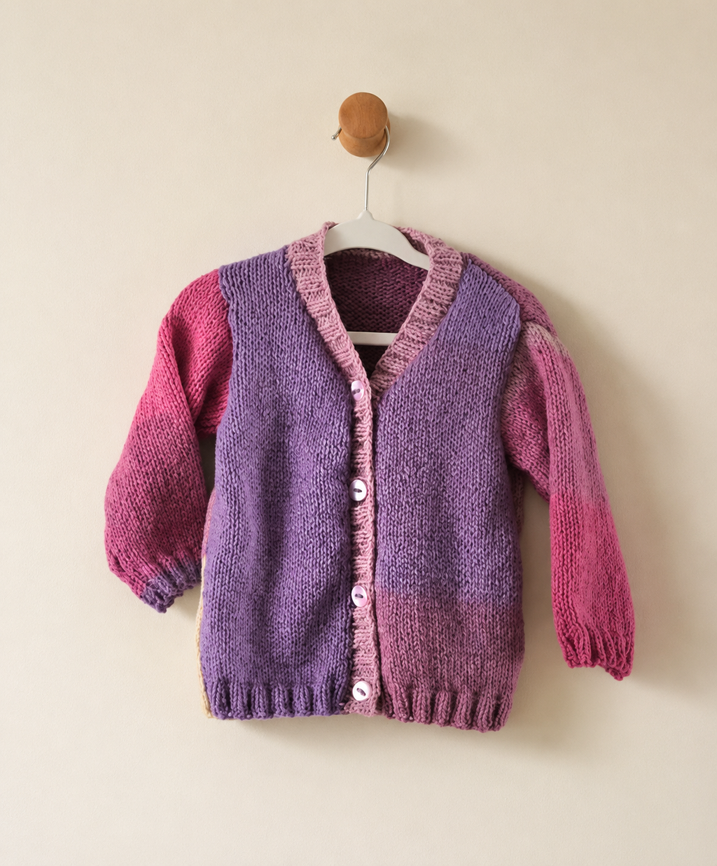 Hand knitted cardigan, girl sweater, 12 months to 2 years / block colours pink and purple