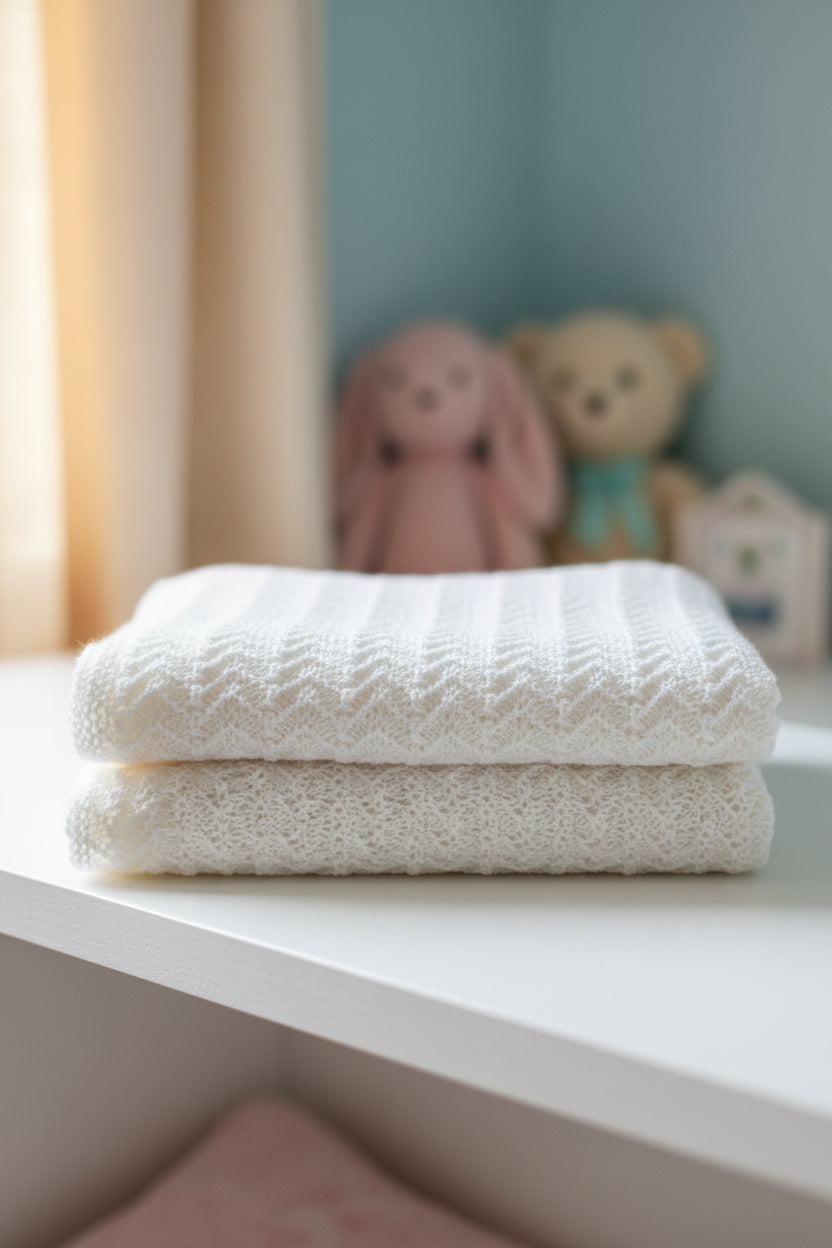 Handmade White Knitted Baby Blanket / Christening Gift UK