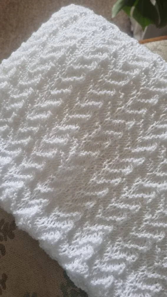 Handmade White Knitted Baby Blanket / Christening Gift UK