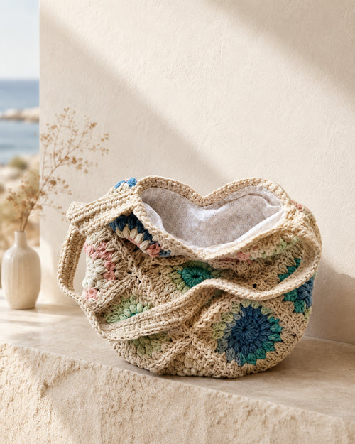 The Sunburst Market Tote:  Pastel Crochet Cotton Shoulder Bag