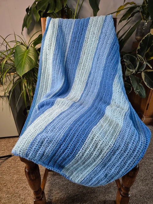 Handmade crochet striped baby blanket - in three soft blues