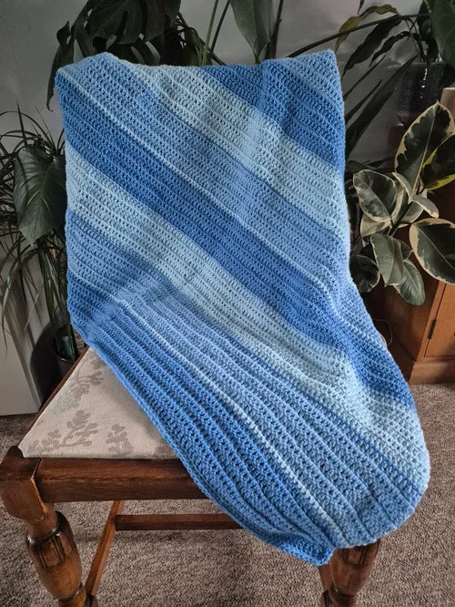 Handmade crochet striped baby blanket - in three soft blues