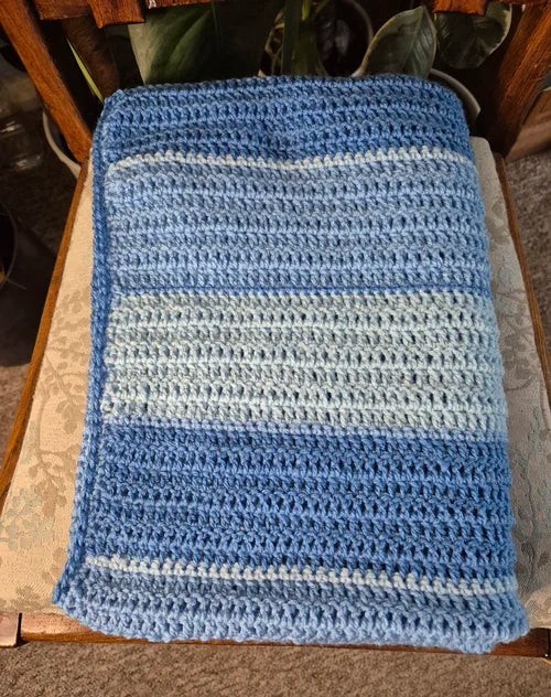 Handmade crochet striped baby blanket - in three soft blues