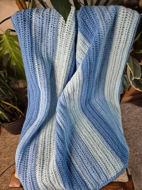 Handmade crochet striped baby blanket - in three soft blues