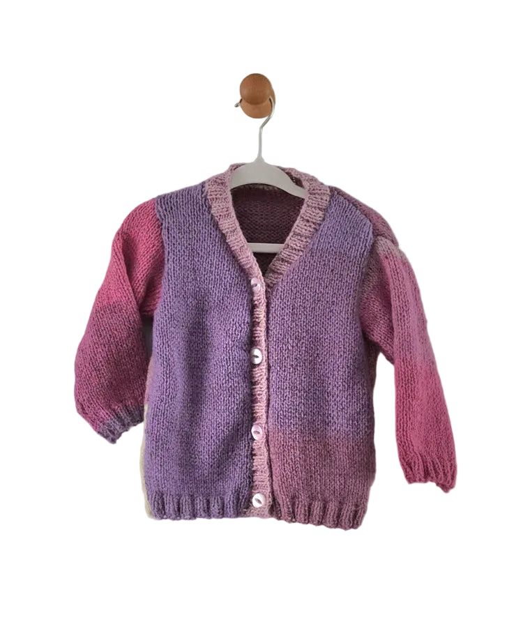 Hand knitted cardigan, girl sweater, 12 months to 2 years / block colours pink and purple