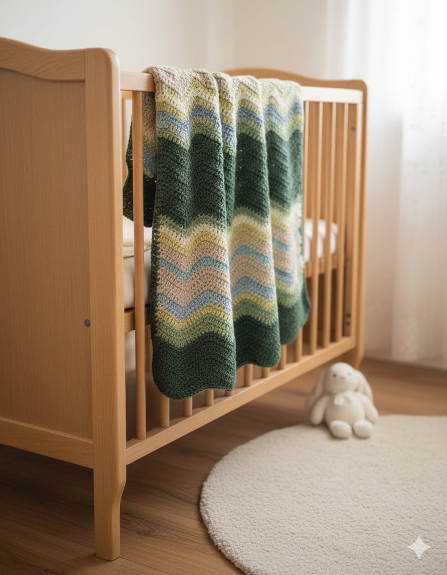 A handmade crocheted baby blanket with a green, beige, and light blue chevron pattern draped over a light wood crib in a softly lit nursery.