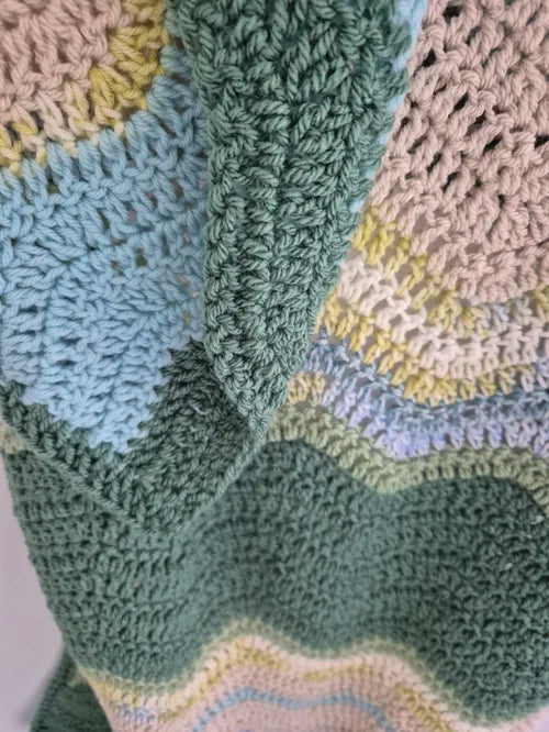Handmade Crochet Baby Blanket – Sage, Aquamarine, Mocha & Baby Blue