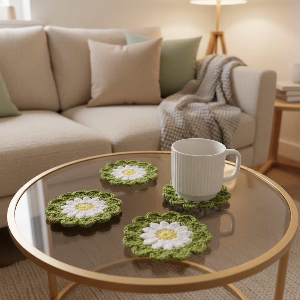 4 daisy coasters and a white cup are placed on a glass coffee table in a cosy lounge