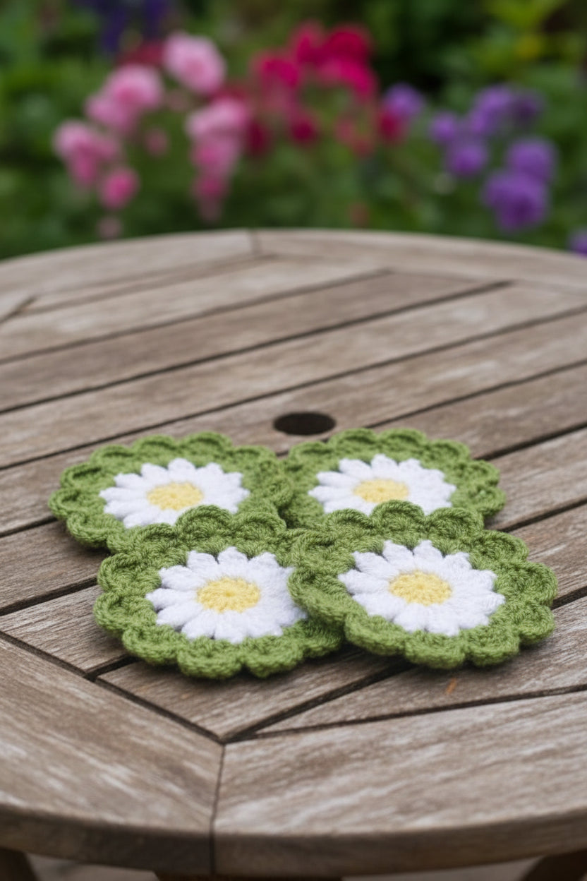 Handmade Daisy crochet coffee coasters, Letterbox gifts