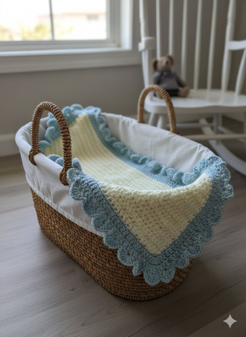 Handcrafted Cream & Duck Egg Blue Shell Border Baby Blanket
