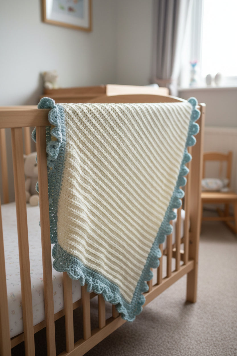 Handcrafted Cream & Duck Egg Blue Shell Border Baby Blanket
