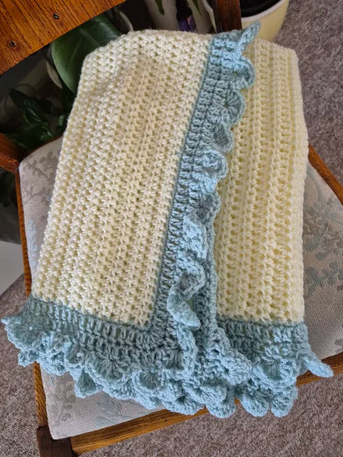 Handcrafted Cream & Duck Egg Blue Shell Border Baby Blanket