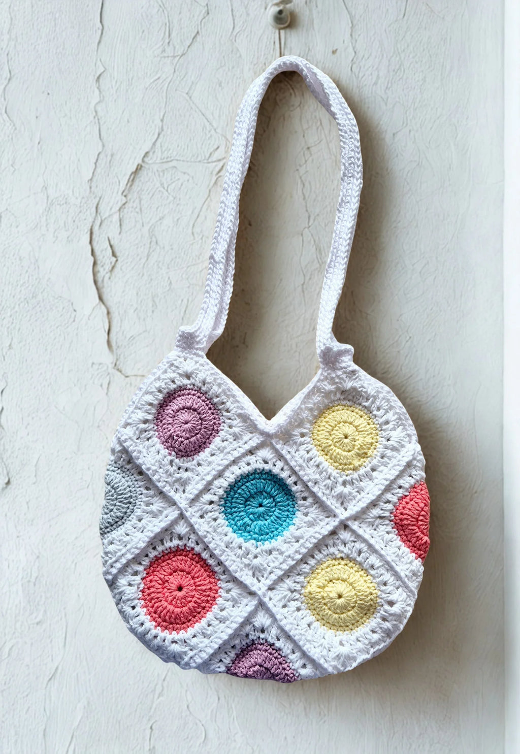 Handmade Pastels,  Sunburst Crochet Market Bag with Fabric Lining