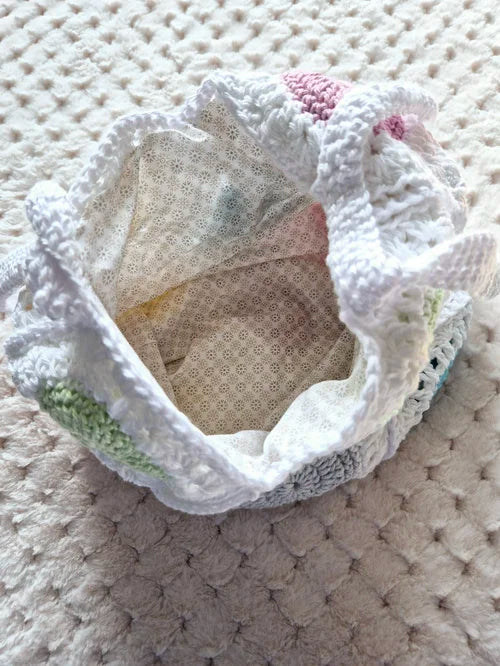 Handmade Pastels,  Sunburst Crochet Market Bag with Fabric Lining