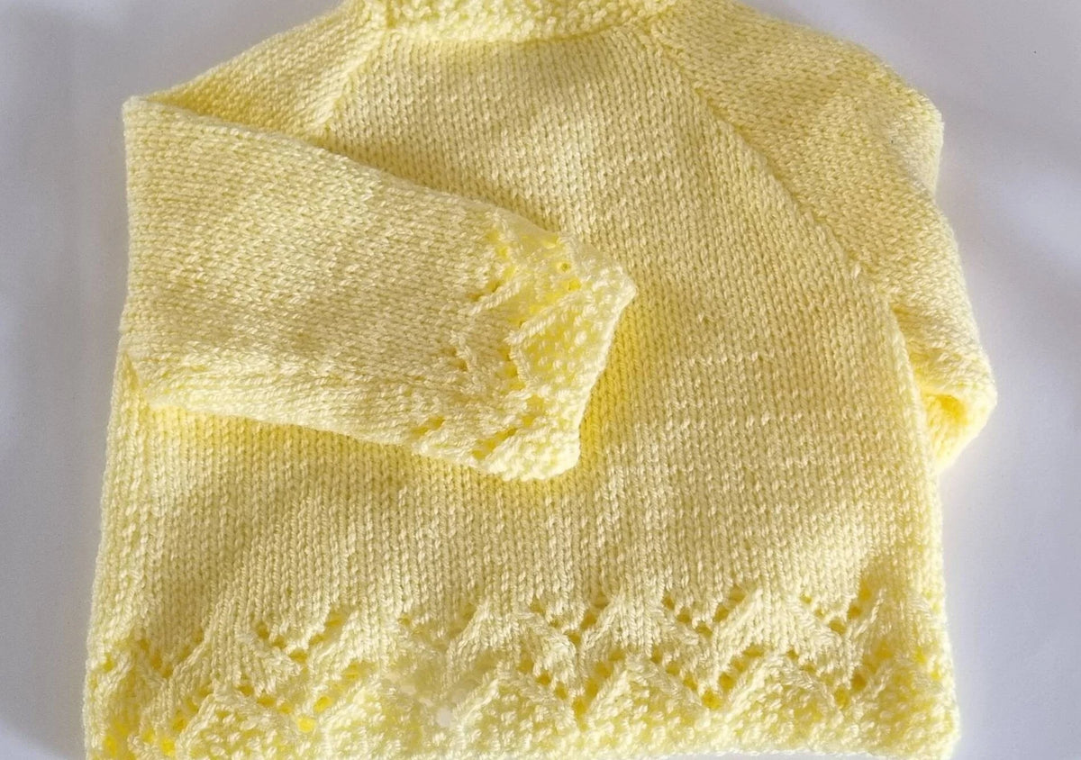 3-6 months hand knitted baby girls cardigan, lilac and lemon