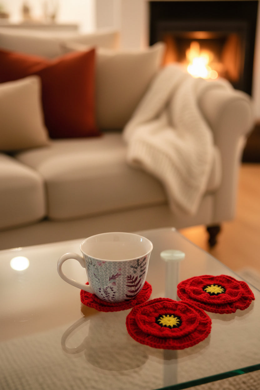 Handmade Poppy Crochet Coasters – Set of 2 or 4