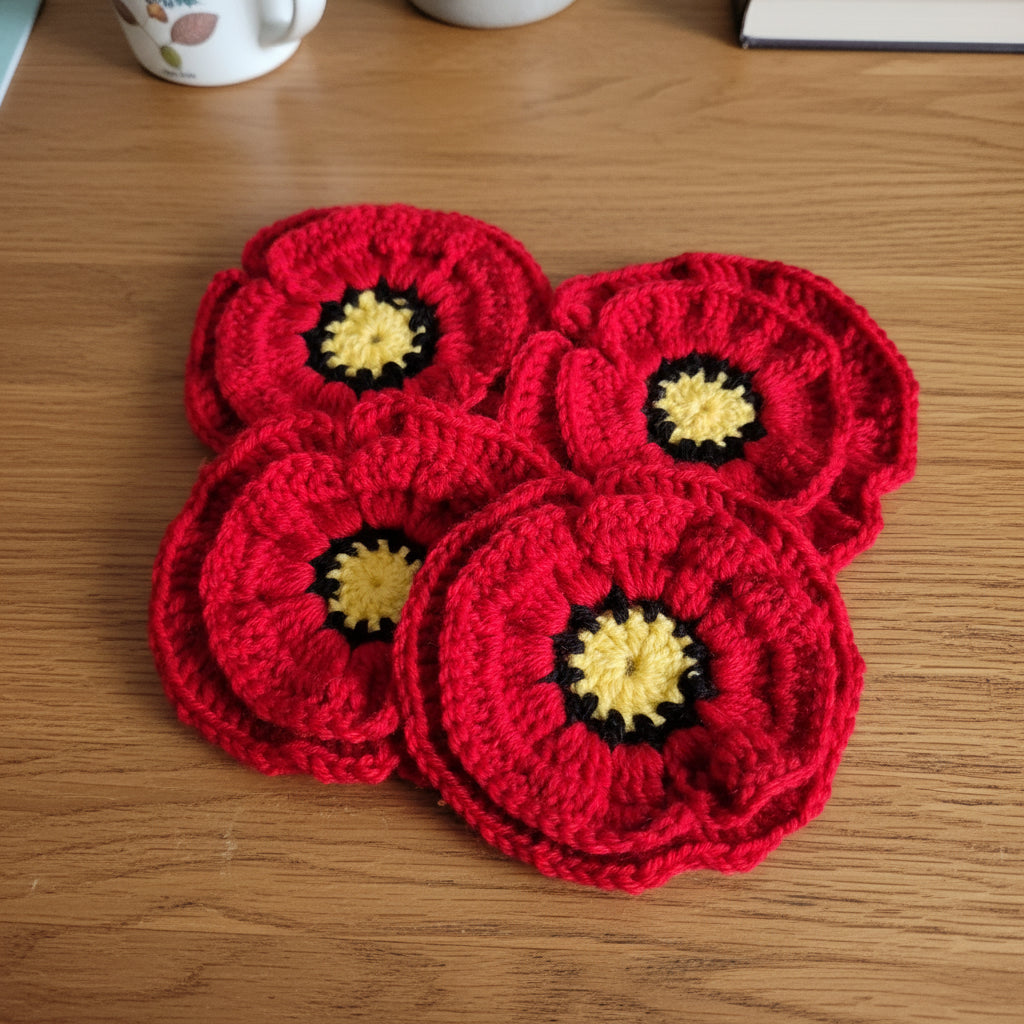 Handmade Poppy Crochet Coasters – Set of 2 or 4