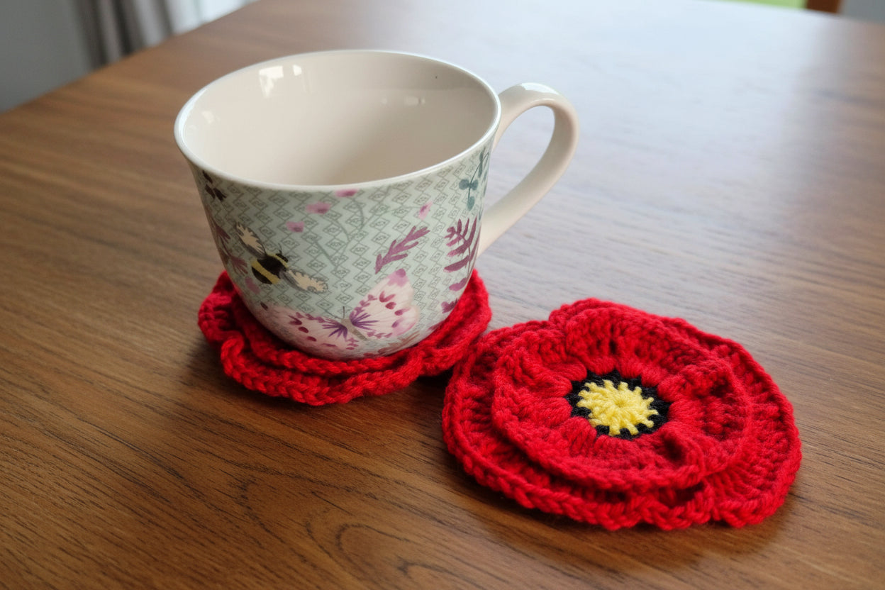 Handmade Poppy Crochet Coasters – Set of 2 or 4