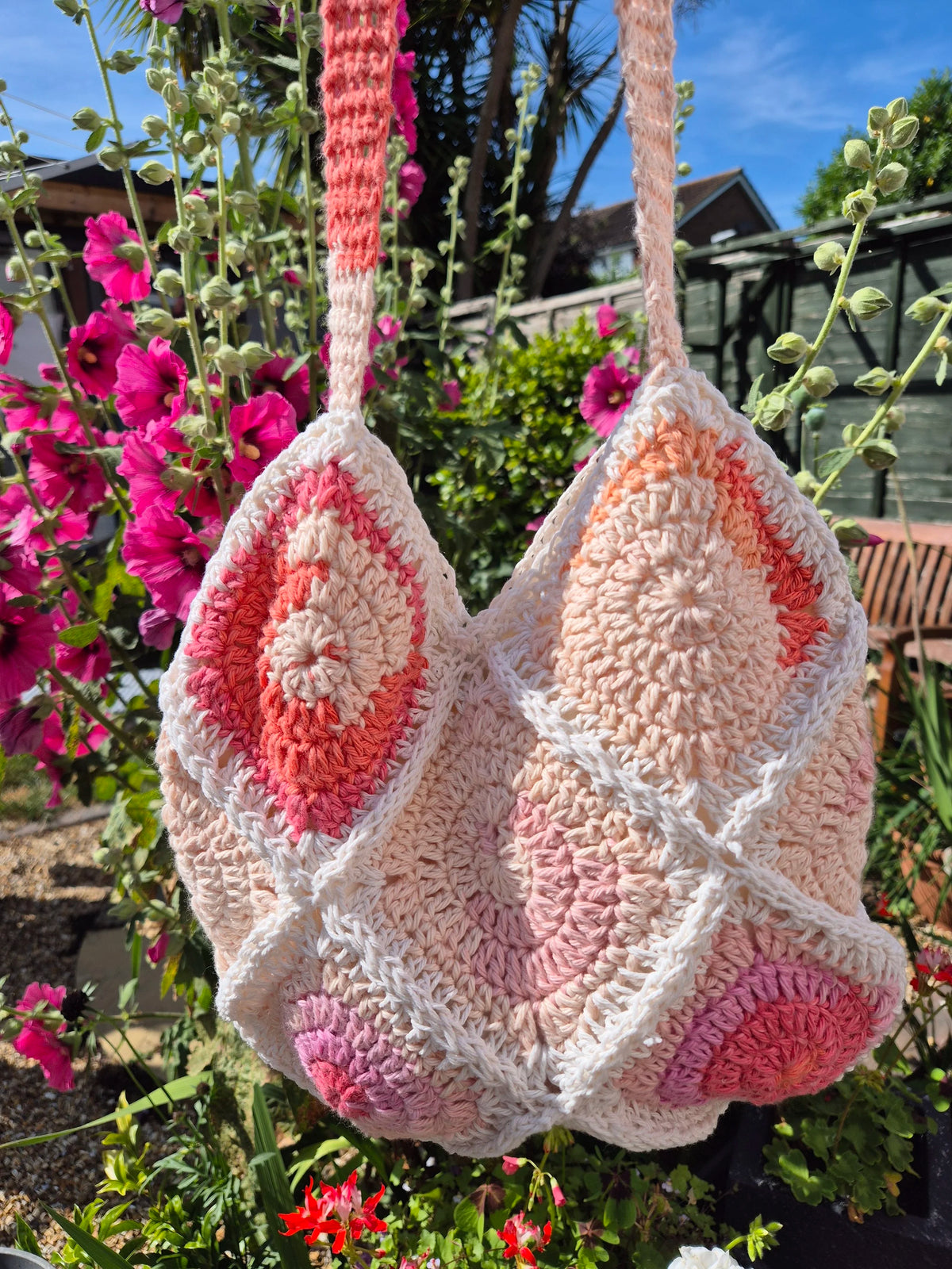 Handmade Cotton Crochet Bag, Peach & Coral Summer Tote
