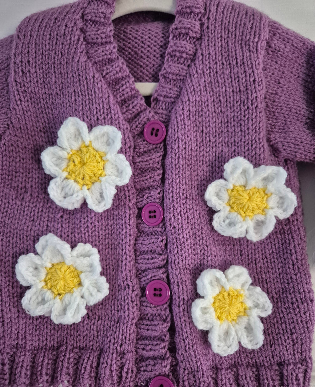 Handmade Sugar Plum Baby Cardigan with Crochet Daisies, 6-12m
