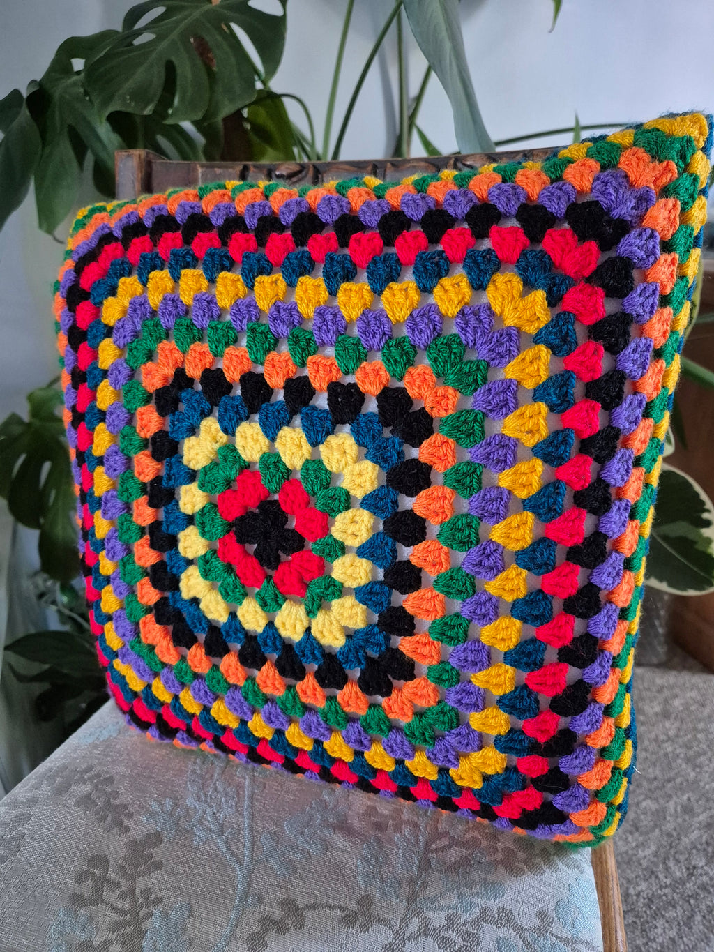 Reversible handmade crochet cushion cover - bold and bright