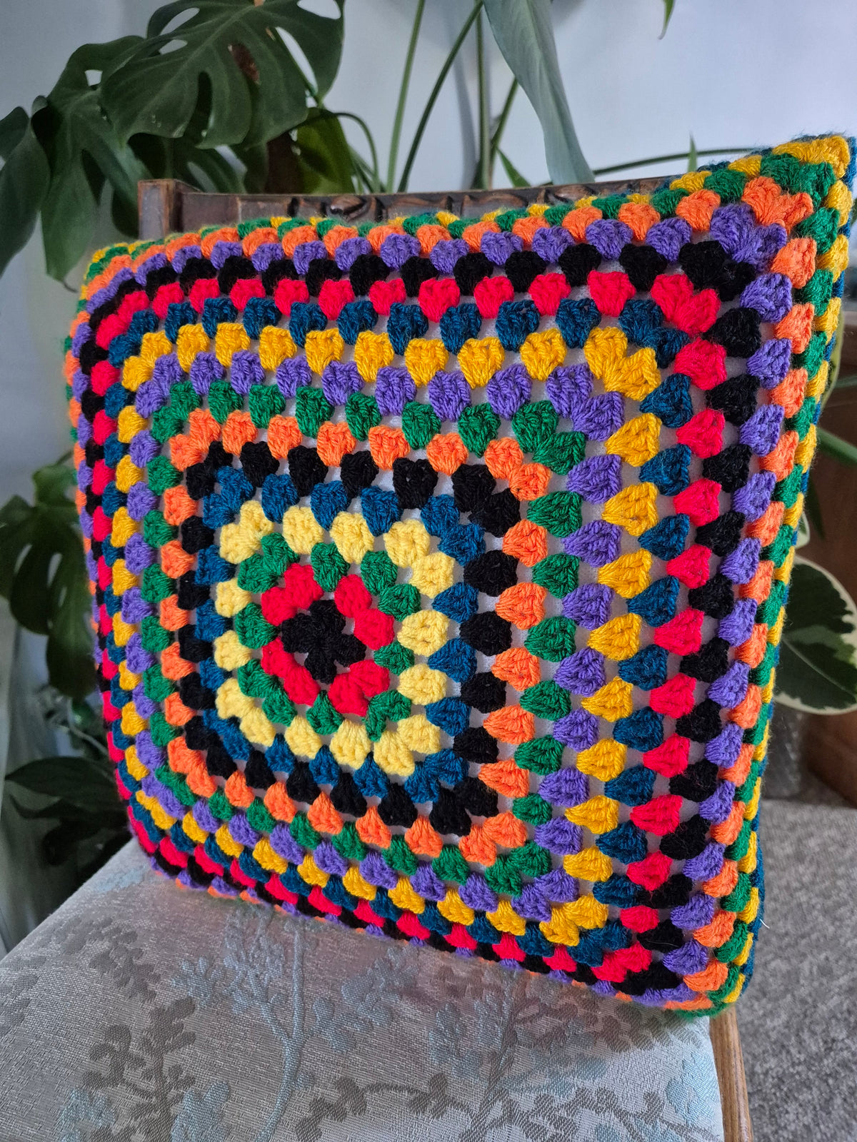 Reversible handmade crochet cushion cover - bold and bright