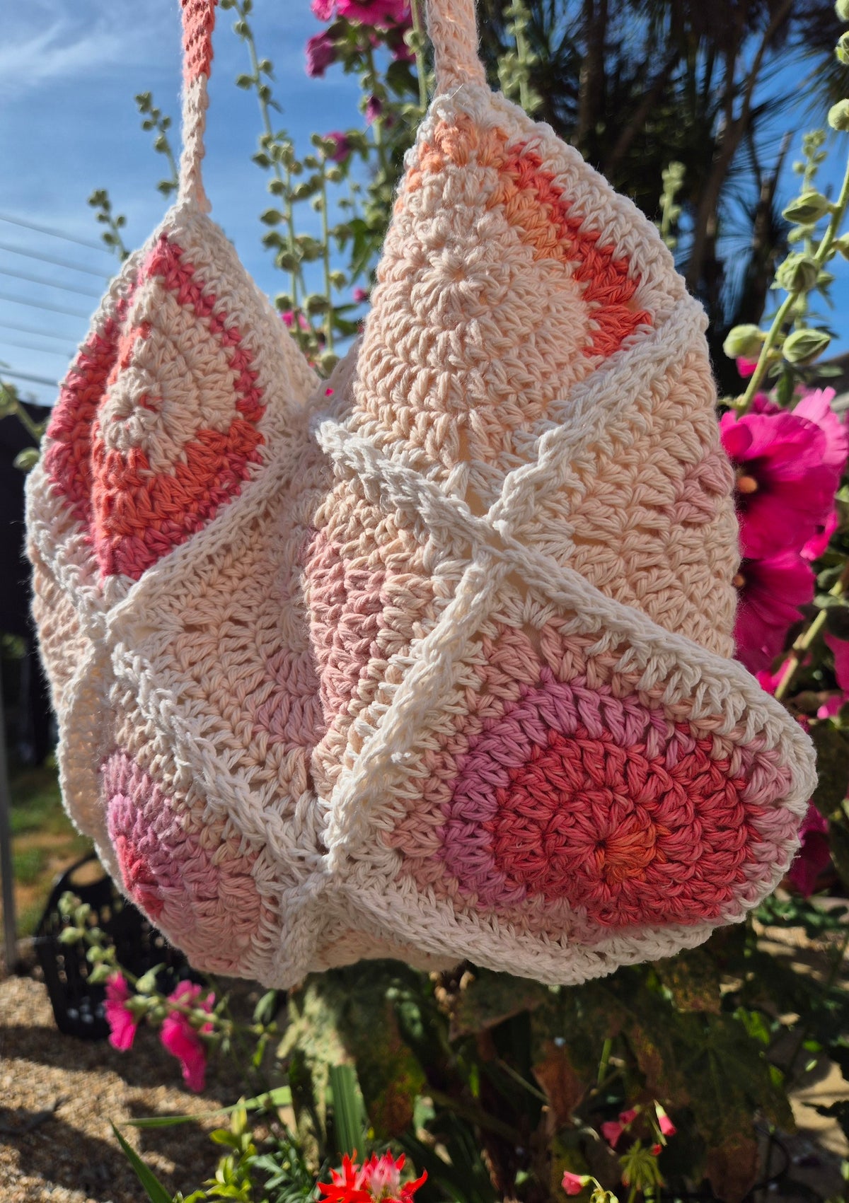 Handmade Cotton Crochet Bag, Peach & Coral Summer Tote