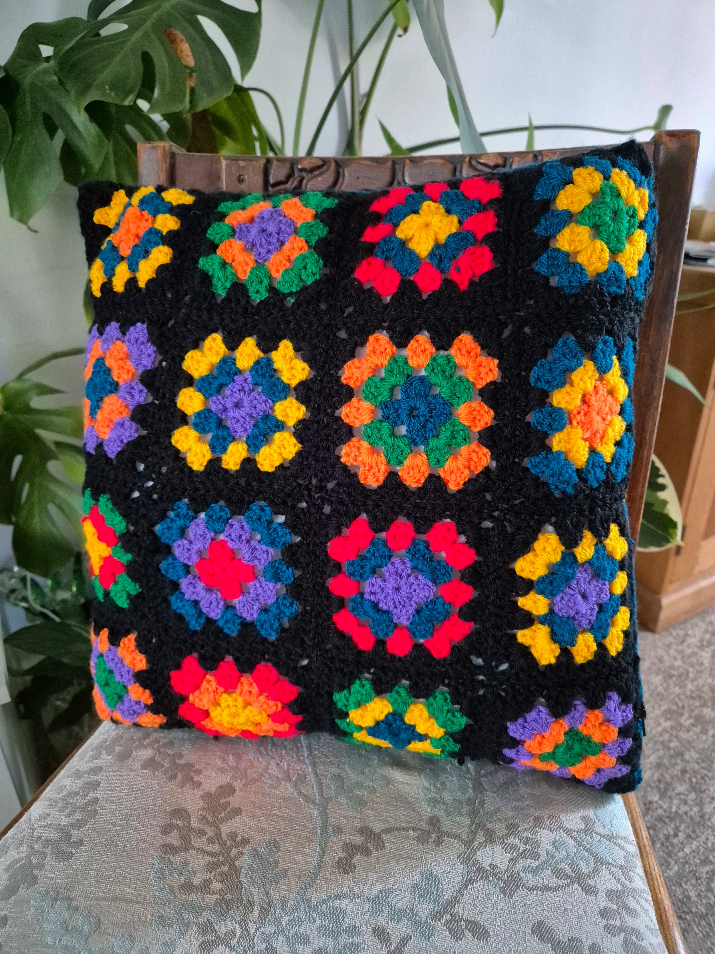 Reversible handmade crochet cushion cover - bold and bright