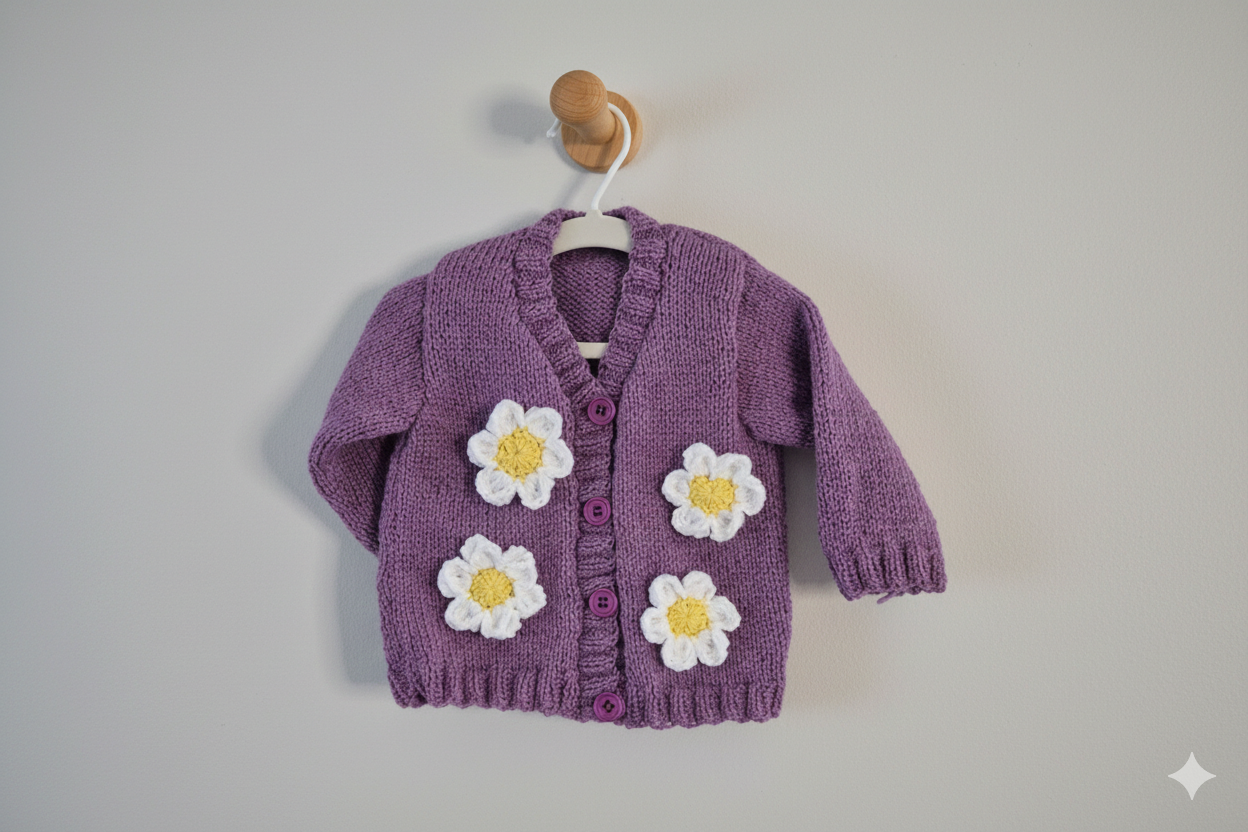 Handmade Sugar Plum Baby Cardigan with Crochet Daisies, 6-12m