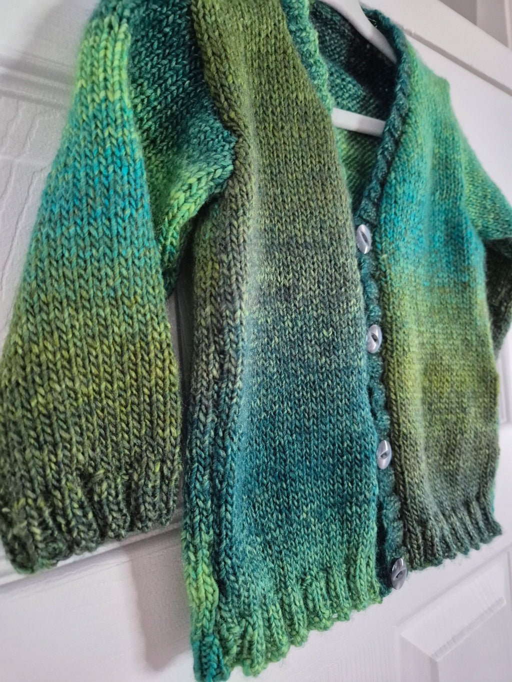 Green marine knitted baby cardigan, Gender Neutral