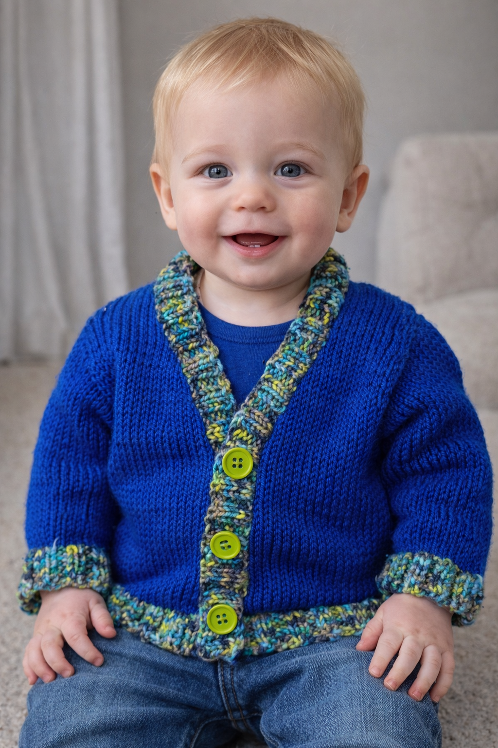 Hand Knitted baby cardigan, royal blue with scalloped edging